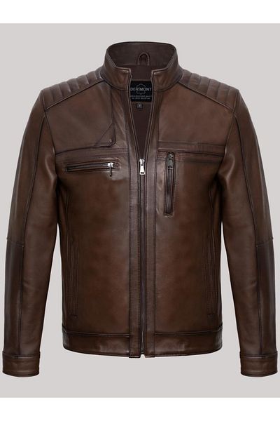 Derimont's Genuine Leather Brown Stand Collar Shoulder Embroidered Men's Leather Jacket