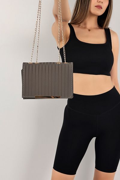 Elentra Anthracite Evening Bag, Satin Look Gold Clip Handbag, Women's Evening Bag with Chain Strap
