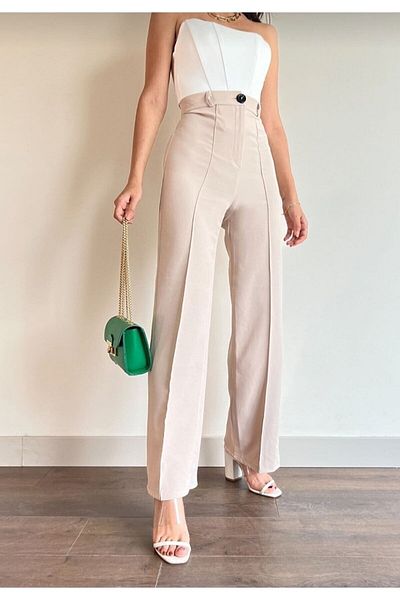 Livik Chicago Women's Beige Striped High Waist Loose Leg Trousers Palazzo