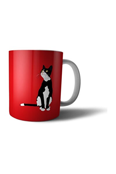 Öz Kupa Kırmızı Fon Ve Siyah Kedi Illüstrasyon Baskılı Kupa Bardak - Anı057