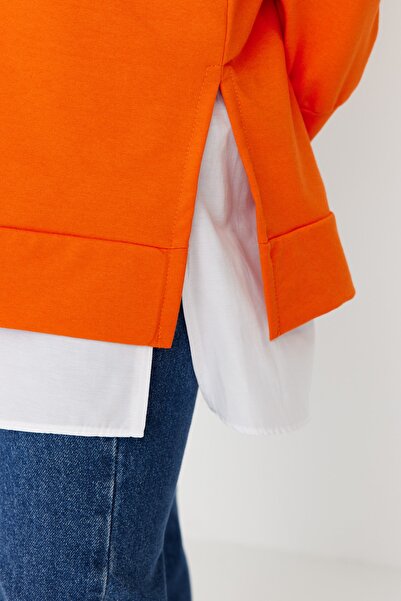 Trendyol Modest Hooded Orange Knitted Sweatshirt - Garni Detail, TCTAW23TW00181