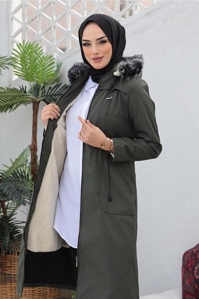 benguen 1017 Bondit Hijab Παλτό Χακί με Γούνα Εσωτερικά