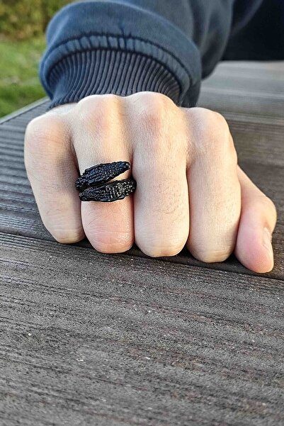 TREND COLLECTİON حلقة مزدوجة الرأس على شكل تمساح أسود قابلة للتعديل