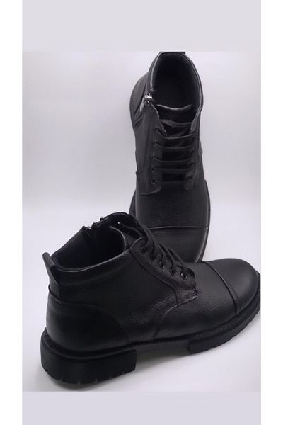 Pelin Ayakkabı Men's - BlacK Genuine Leather Zippered Winter Boots
