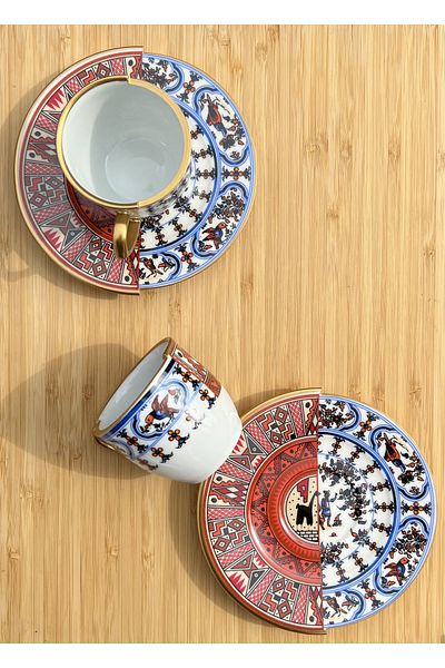 porselenden Kütahya Double Pattern Nora Series Porcelain Coffee Cup Set for 2 Persons Serving Presentation Set