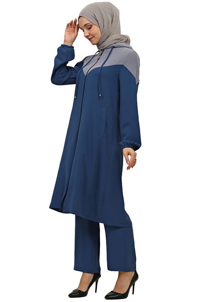 Saraylı Hooded Zippered Pocket Cap Trousers Set Women's Hijab Bottom and Top Set