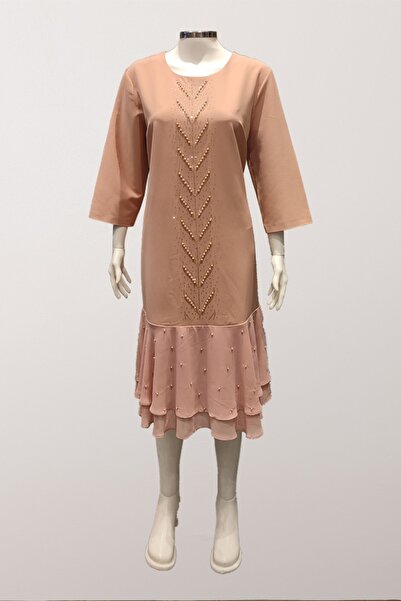 modayiğit Krem Yarasa Kol Boncuklu Elbise