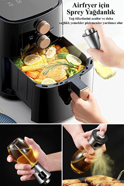 Technojet Sprey Cam Şişe Zeytinyağı Sirke Püskürtücü Paslanmaz Çelik Başlık Cam Airfryer Yağdanlığı