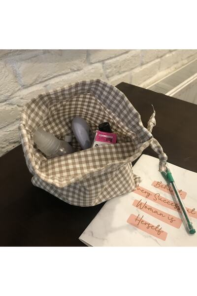 Sumicorn Design Bej Pötikareli Çevre Dostu Bez Keten Büzgülü Ipli Düzenleyici Kese,hediye Kesesi,makyaj Çantası