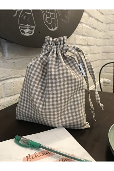 Sumicorn Design Bej Pötikareli Çevre Dostu Bez Keten Büzgülü Ipli Düzenleyici Kese,hediye Kesesi,makyaj Çantası