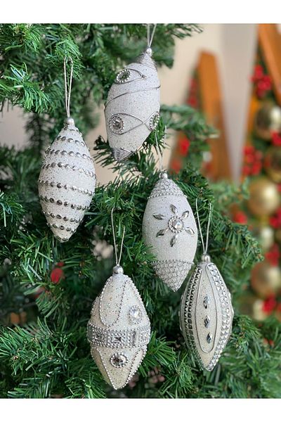 QUEEN AKSESUAR Imported Luxury Collectible New Year New Year Authentic Glitter Embroidered 2-Piece Pine Tree Ornament White Drop