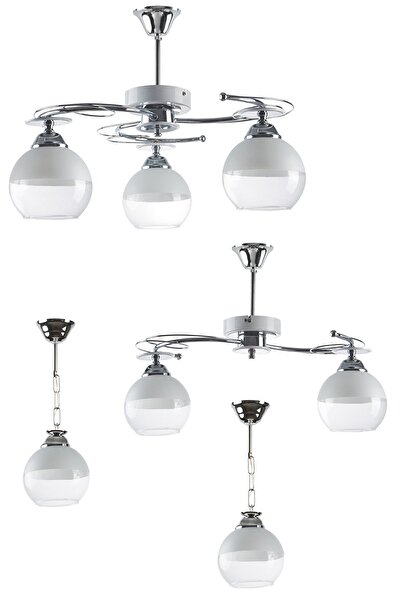 Uçar Ilay Avize Seti 3'lü, 2'li Ve Tekli Beyaz Şeffaf Camli