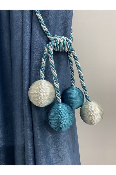 DÖRTTOP Modern Sarım 4 Toplu Braçol Kornişe Takmatik Ipli Tavan Perde Aksesuarı Petrol Mavisi & Krem