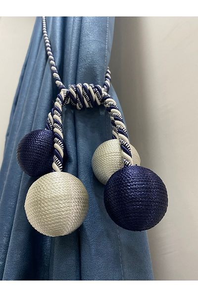 DÖRTTOP Μοντέρνο Sarım 4 Ball Braçol Cornice Takmatik Κουρτίνα οροφής με κορδόνι Αξεσουάρ Navy Blue & Cream