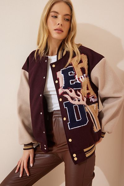 Happiness İstanbul Women's Brown Embroidered College Bomber Stamp Coat HM00051