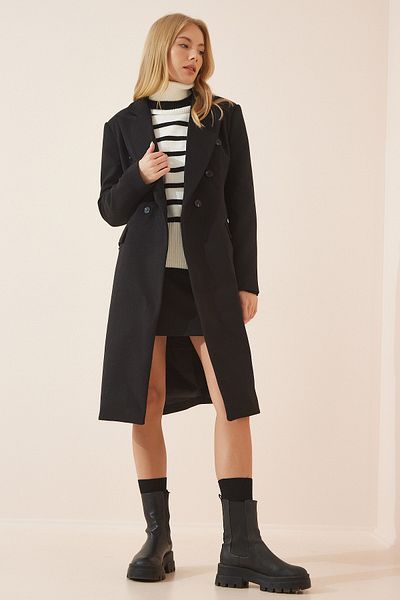 Happiness İstanbul Women's Black Masculine Style Stamp Coat TO00035