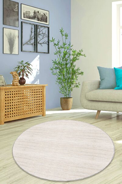 NeluxHome Makinede Yıkanabilir Kaymaz Tabanlı Sade Vizon Daire Yuvarlak Halı ...