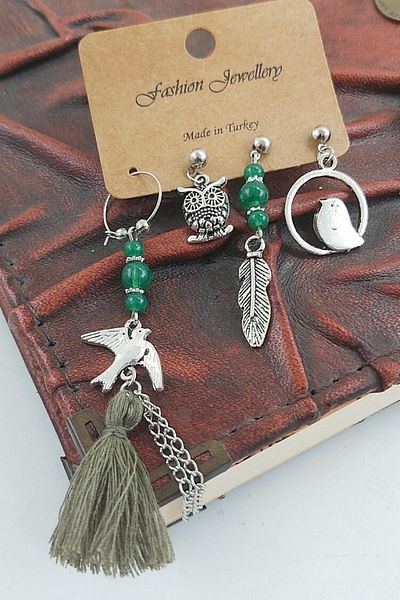 AKIN AKSESUAR HEDİYELİK Set of 4 Green Beaded Figured Authentic Tassel Earrings