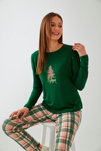 Pamuk & Pamuk Green Pine Tree Printed Pink Plaid Pajamas Set