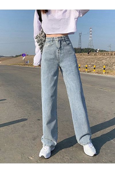 Livik Blugi din denim cu lycra cu talie înaltă albastră Moher - picior lat