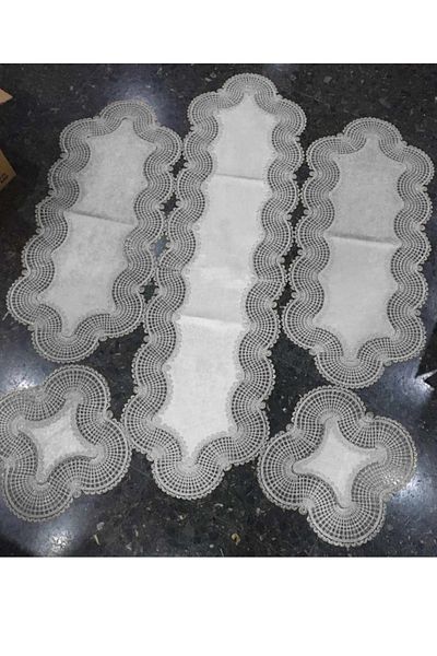 Çt Çeyizci Tekstil Living Room Set 5 Piece Lacy Table Cover Runner Set - Ecru