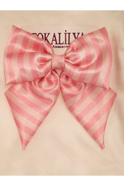TOKALİLYA Kadın Saten Açık Pembe Çizgili Fiyonk Klipsli Otomatik Toka
