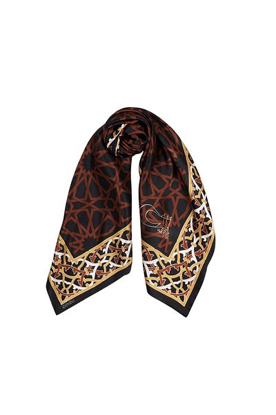 ipekevi Green Turbe Black Satin Silk Scarf Model 05