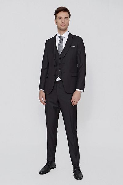 Morven Men's Black Oscar Striped Vest Slim Fit Slim Fit 6 Drıop Suit
