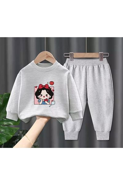 KİDS FACE Special Design Apple Cotton Princess Printed Full Winter Girl's Tracksuit Set