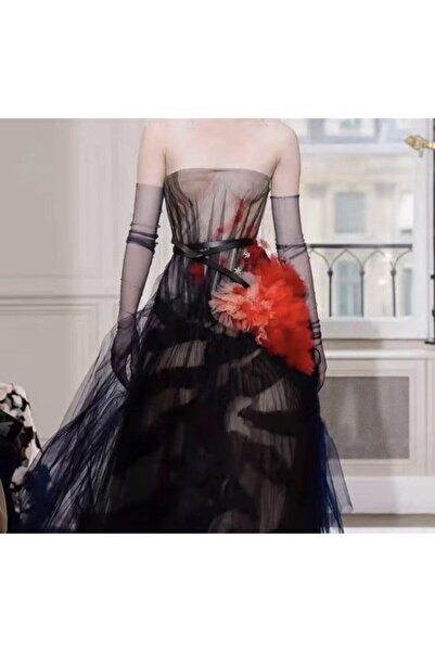 Hayalperest boncuk Siyah Likralı Uzun Tül Eldiven Abiye Eldiveni Aksesuar