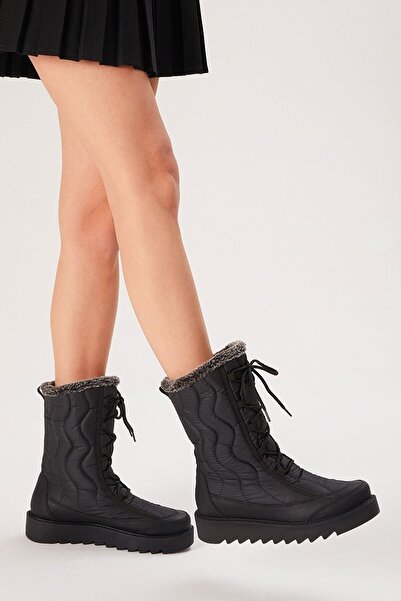 STOKS SHOES STORE Kadın Siyah Rahat Kalıp Önü Bağcıklı Içi Kürklü Kar Botu