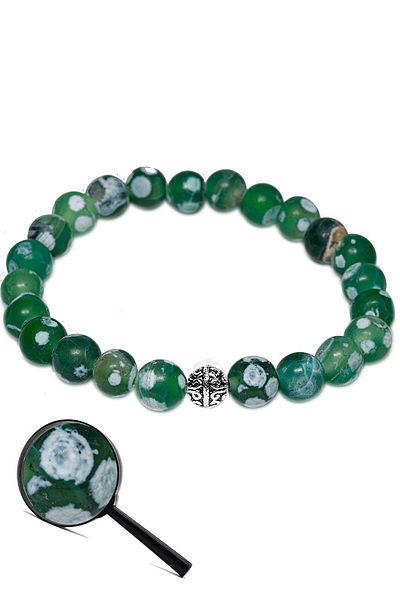 Tesbih Atölyesi Certified Aaa Quality Green Tibetan Agate Stone Bracelet (with silver attachment)