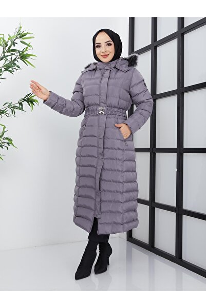 KMKkombin معطف نسائي طويل من الألياف الكثيفة بغطاء للرأس من الفرو