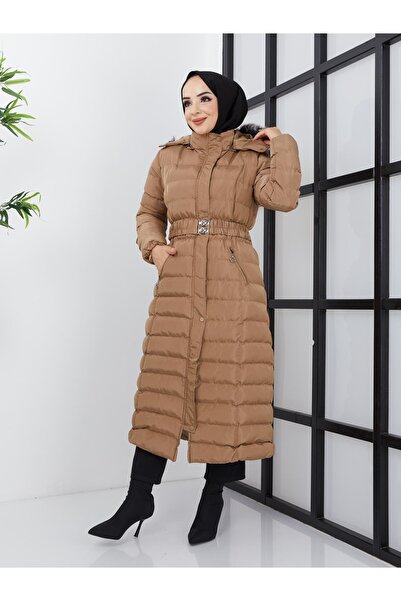 KMKkombin معطف نسائي طويل من الألياف الكثيفة بغطاء للرأس من الفرو