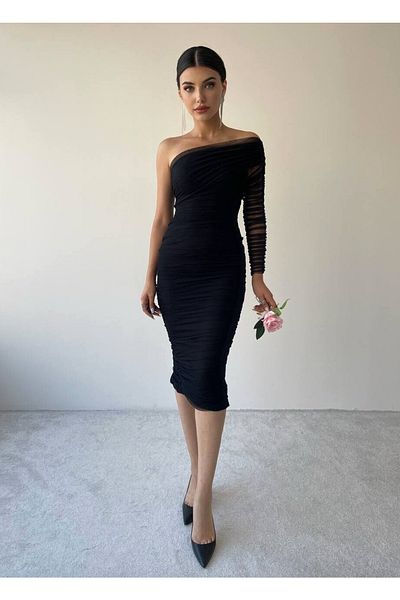 Julishop Draped Tulle Fabric Single Sleeve Slim Fit Midi Length Black Pencil Evening Dress