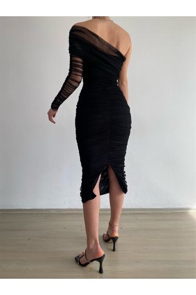 Julishop Rochie de seară creion neagră, cu o singură mânecă, țesătură din tul drapat