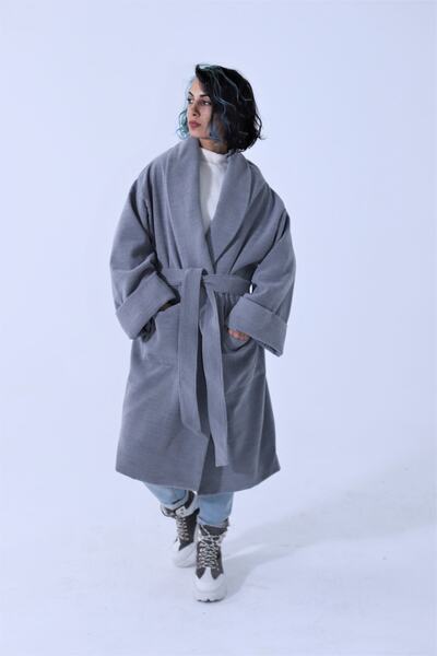 OCTO Handcraft Geniş Şal Yakalı Ve Duble Kollu Kuşaklı Oversize Retro Kalın Kaşe Kaban