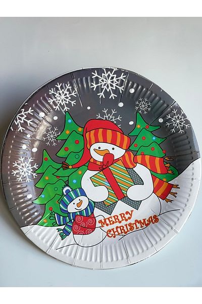 QUEEN AKSESUAR Imported New Year New Year Luxury Tableware Presentation Snowman Pine Snow Patterned Cardboard Plate 10 Pieces Large