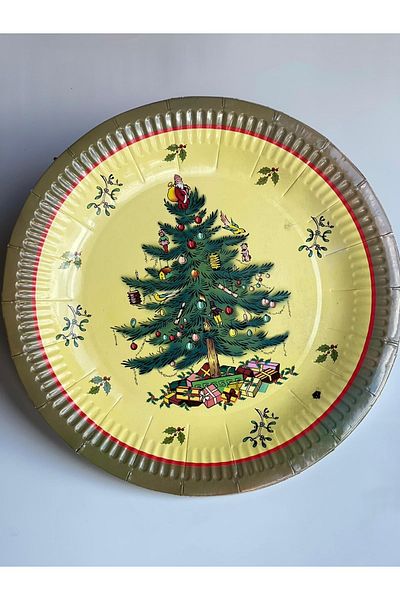 QUEEN AKSESUAR New Year's Luxury Tableware - Pine Tree Gift Patterned, Decorated, 10 Large Cardboard Plates