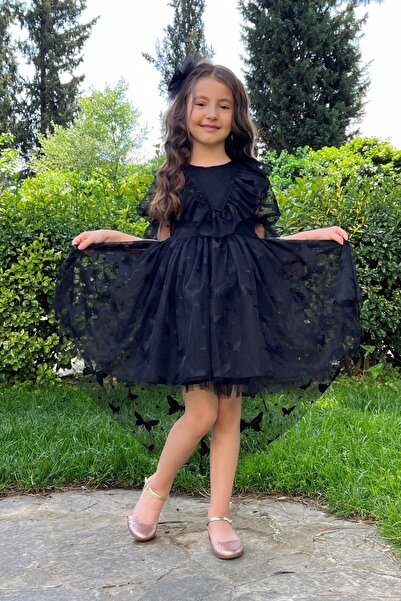 ABİYEKİDS Černé dětské společenské šaty s motýlkovým vzorem a vlečkou Aby4523