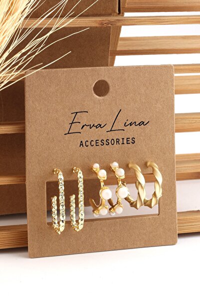 Ervalina 3 Pairs Faux Pearl Figured Combination Earring Set 1290 Gold Color