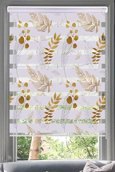 Lotus Gold Çiçekler Serpme Baskı Zebra Perde-mutfak-oturma Odası-salon- Gold