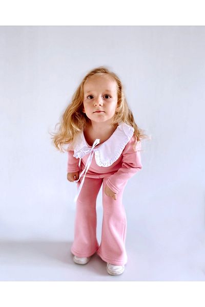 le petit sole Girl's Pink Ruffle Collar Top-Top Set