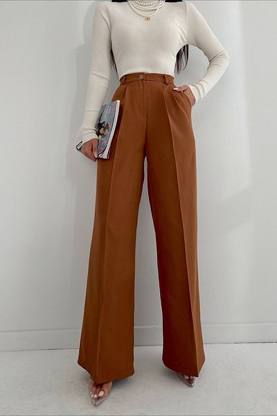 Trn JNS Pantaloni Palazzo cu picioare largi, pliate, maro argintiu, pentru femei, anii 90