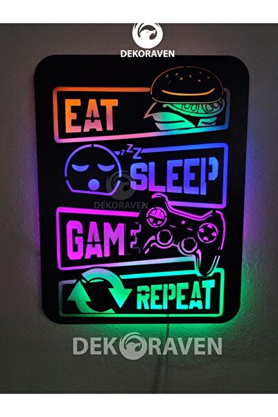 dekoraven Gamer Led Işıklı Ahşap Tablo -eat Sleep Game Repeat 80x75 Cm (2 Metre Kablolu)