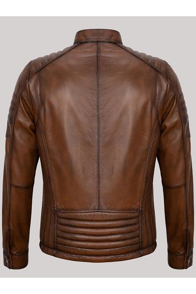 Derimont's Genuine Leather Brown Shoulder Sleeve Embroidered Men's Leather Jacket