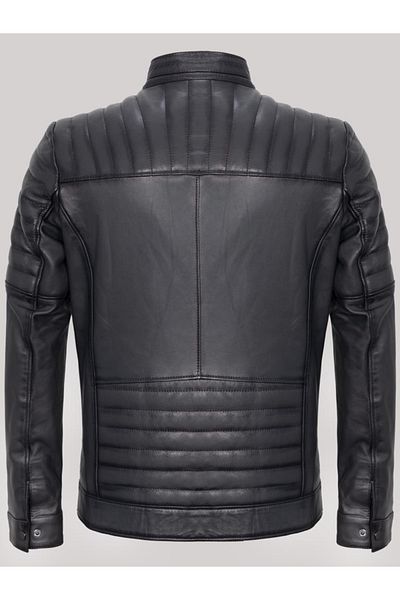 Derimont's Genuine Leather Black Shoulder Sleeve Embroidered Zippered Men's Leather Jacket