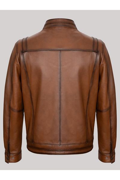 Derimont's Genuine Leather Tan Stand Collar Zippered Men's Leather Jacket
