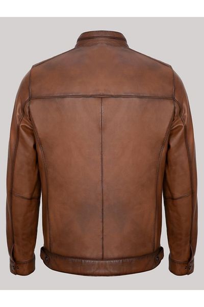 Derimont's Genuine Leather Tan Embroidered Men's Leather Jacket with Four Pockets