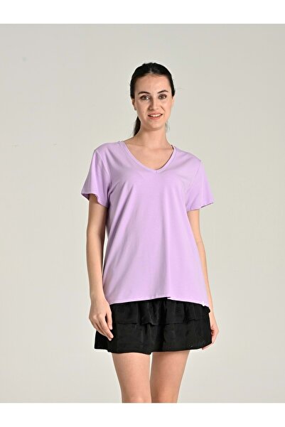 Letoile Kadın V Yaka Bambu Pamuk Basic Tişört Lila